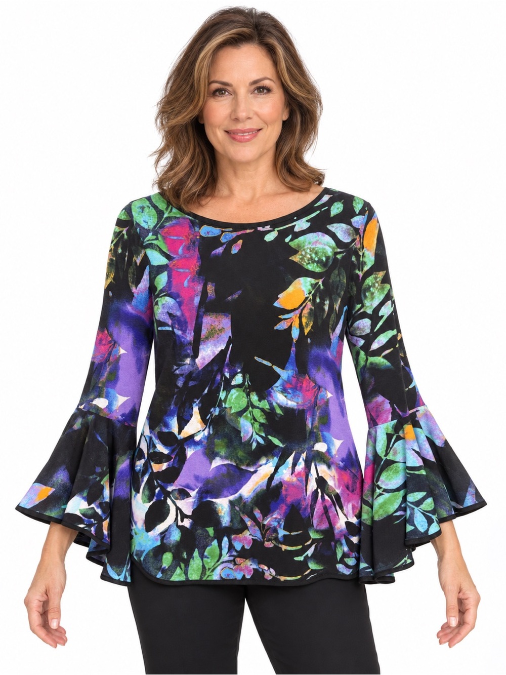 Frank Lyman Size 8 Abstract Floral Bell Sleeve Tunic Top 183146 Canada